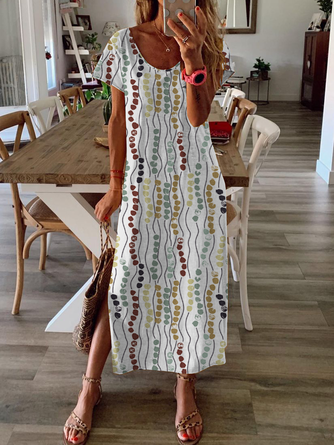 Große Größen Lässig Kurzarm Polka Dot Print Seite Split Maxikleid