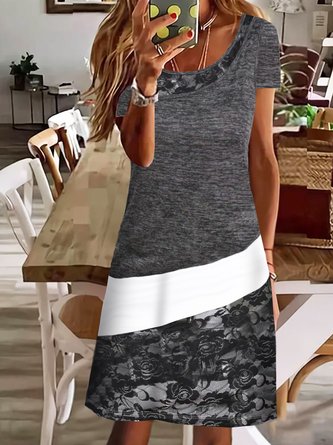Nahtverarbeitung Farbblock Patchwork Spitze Lässig Rundhals Kleid