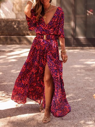 Urlaub Leopard V-Ausschnitt Weit Kurzarm Kleid