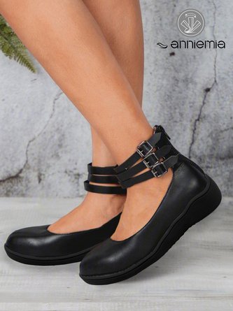 Retro Schwarz Schnalle Dekor Bequem Sohle Flache Schuhe mit Reißverschluss hinten