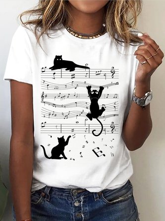 Katze Print T-Shirt Rundhals Lässig Urlaub&Täglich Noracora