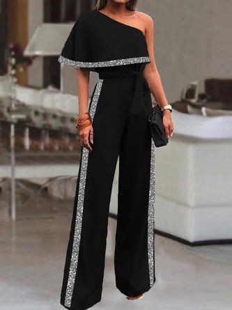 Glitzernd Unifarben Halbarm Schulterfrei Lässig Jumpsuit