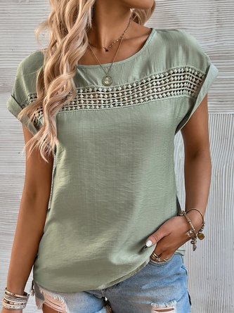 Spitze Hohl-Patchwork Bluse Rundhals Kurzarm reine Farbe Urlaub Noracora