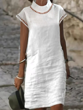 Damen Kurzarm Baumwolle Leinen Freizeitkleid
