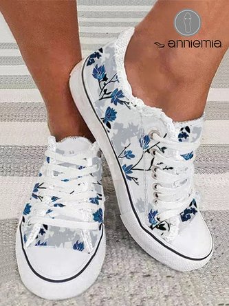 Damen Lässig Geblümt Print Schnürung Segeltuch Schuhe