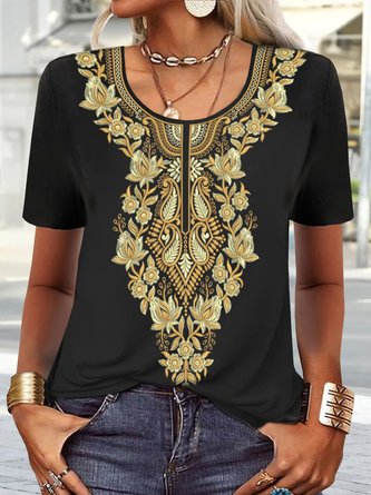 Ethnisch Print Jersey Weit Lässig T-Shirt