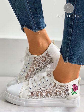 Atmungsaktiv Mesh Rosa Stickerei Schnürung Segeltuch Schuhe