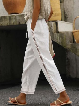 Baumwolle Hose Schnürung Spitze-Patchwork Lässig Unifarben Noracora
