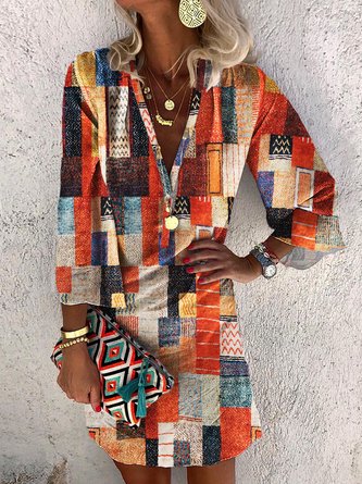 Farbblock Geometrisch V-Ausschnitt Urlaub Tunika Kleid