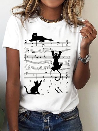 Große Größen Weit Musik- Katze Lässig Rundhals T-Shirt