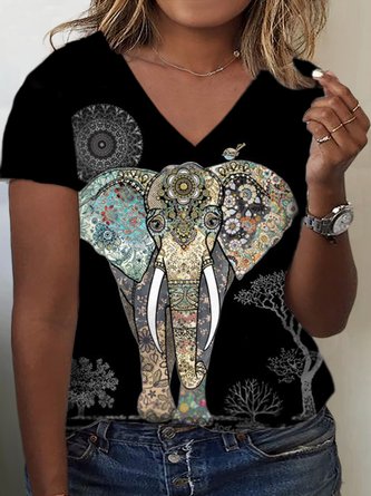 Große Größen Elefant Jersey Lässig V-Ausschnitt T-Shirt