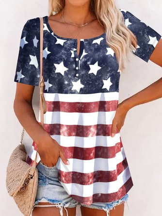 Große Größen Amerika-Flagge Jersey Lässig Halb offener Kragen T-Shirt