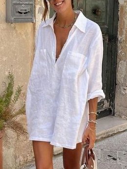 Unifarben Off-Shoulder-Ärmel Baumwolle Lässig Weit Kleid
