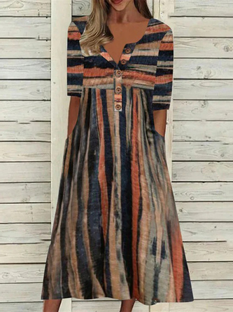 Große Größen Lässig Weit Gestreift Halb offener Kragen Kleid
