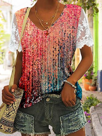 Abstrakt Print T-Shirt Spitze-Patchwork Ärmel Lässig Urlaub&Täglich Norcora