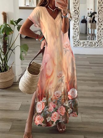 Jersey Weit V-Ausschnitt Freizeitkleid
