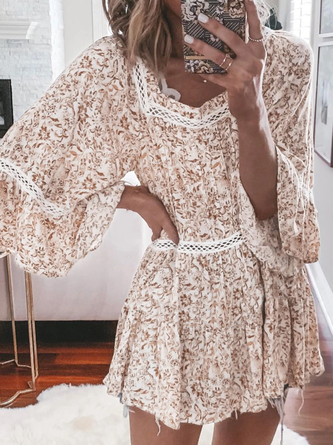 Karree-Ausschnitt Urlaub Weit Spitze Kleid