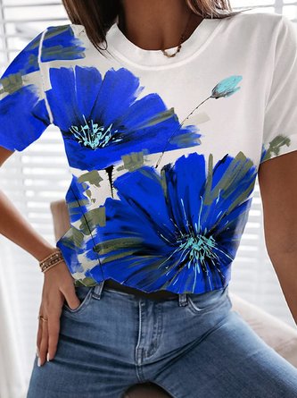 Rundhals Weit Lässig Blau Geblümt T-Shirt