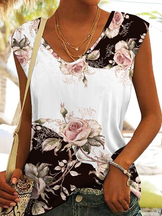 Rose Print Tanktop V-Ausschnitt Ärmellose Oberteile Lässig Urlaub Noracora