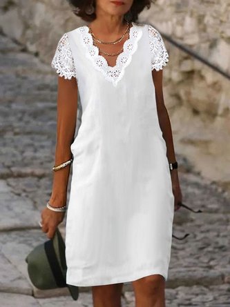 Lässig Unifarben Spitzenrand Kleid