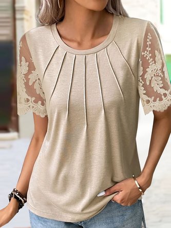 Spitze-Patchwork Ärmel T-Shirt Elegant reine Farbe Lässig Noracora