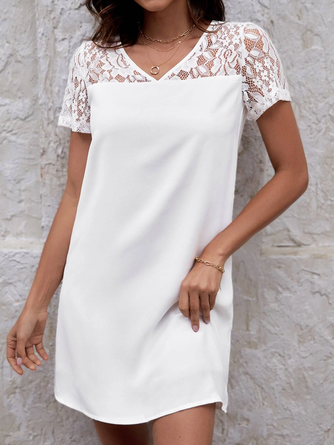 V-Ausschnitt Weit Lässig Spitze Kleid