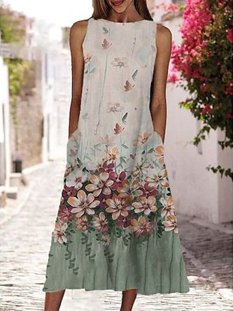 Lässig Geblümt Rundhals Ärmellos Weit A-Linien-Kleid