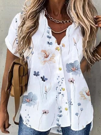 Blumen Print Bluse V-Ausschnitt Kurzarm Locker Lässig Urlaub&Täglich Noracora