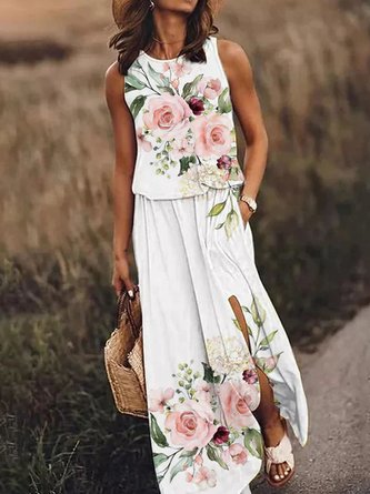 Rundhals Lässig Blumenmuster Kleid