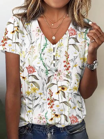 Blumenmuster T-Shirt V-Ausschnitt 4 Jahreszeiten floral Mode Noracora