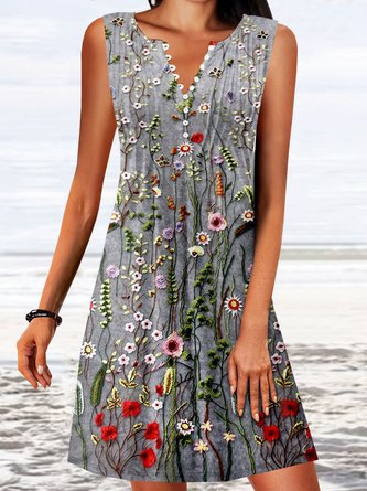 Gekerbt Lässig Blumenmuster Schnalle Kleid