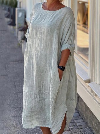 Baumwolle Weit Lässig Rundhals Kleid