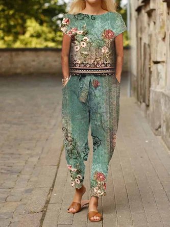 Blumen Paisley Print Zweiteiliges Set Hose mit Tasche Retro Lässig Noracora