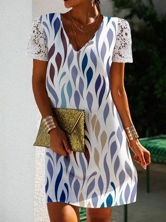 Geometrisch V-Ausschnitt Spitze Kurzarm Lässig Tunika Kleid