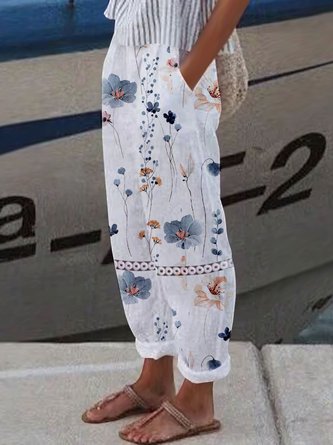 Blumenmuster Hose Spitze-Patchwork Luftig Strandhose Lässig Urlaub Noracora