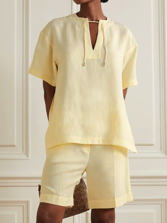 Lässig Unifarben Kurzarm Schnürung Gekerbt Bluse mit Hose Zweiteiliges Set