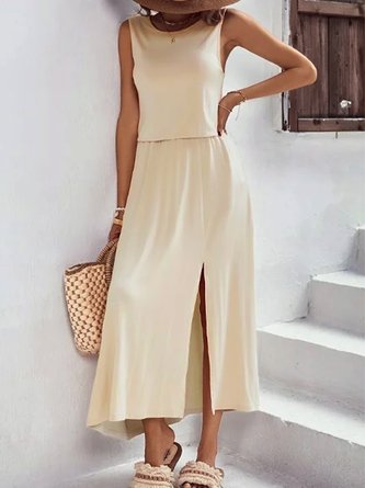 Lässig Tank-Kleid Rundhals Schlitz Saum Design Unifarben Luftig Urlaub Noracora