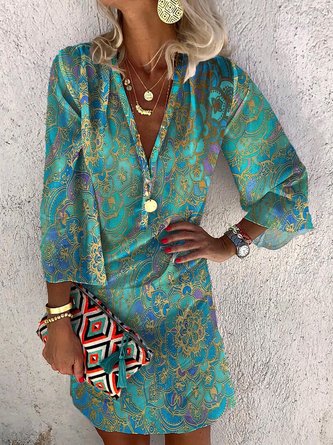Ethnisch V-Ausschnitt Urlaub Tunika Kleid