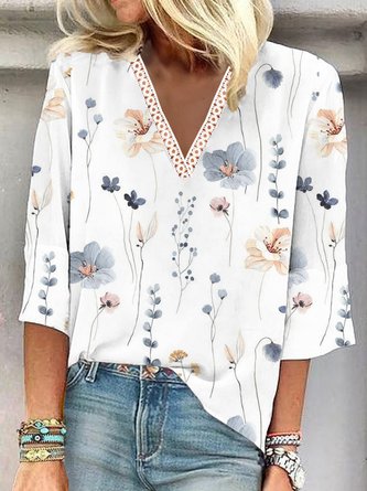 Blumen Print Bluse Spitze-Saum V-Ausschnitt 3/4 Ärmel Lässig Noracora