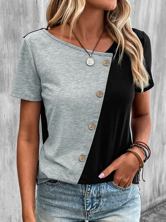 Lässig V-Ausschnitt Zwei Ton Knopf Vorderseite Farbblock T-Shirt