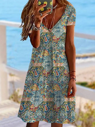 V-Ausschnitt Paisley Kurzarm Urlaub Tunika Kleid