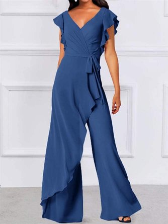 Unifarben Schnürung Volant Kurzarm V-Ausschnitt Lässig Jumpsuit