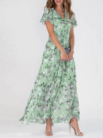 Damen Urlaub Graugrün Kleid Geblümt Chiffon Rock Kurzarm Geblümt Rüsche Frühling Sommer V-Ausschnitt Fashion Täglich Dating Urlaub