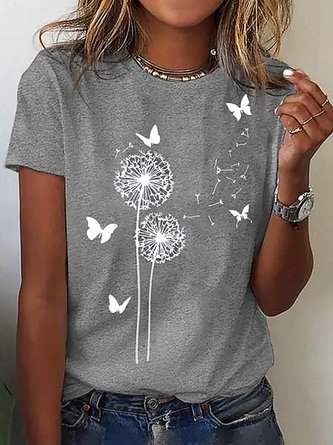 Löwenzahn Print T-Shirt Rundhals Locker Kurzarm Noracora