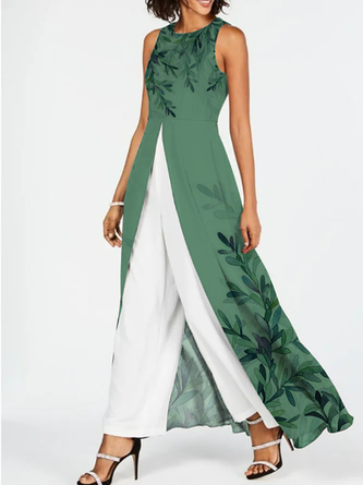 Lässig Geblümt Rundhals Jumpsuit