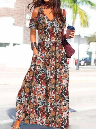 Klein Geblümt Ösen Off-Shoulder-Ärmel Taschen Urlaub Kleid