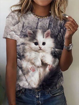 Lässig Katze Rundhals Jersey T-Shirt