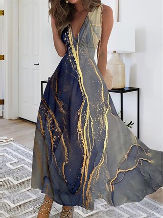 Elegant Regelmäßige Passform V-Ausschnitt Farbverlauf Kleid