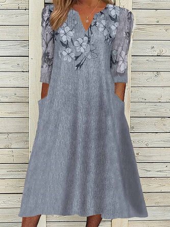 Große Größen Geblümt Gekerbt Weit Lässig 3/4 Ärmel Maxikleid