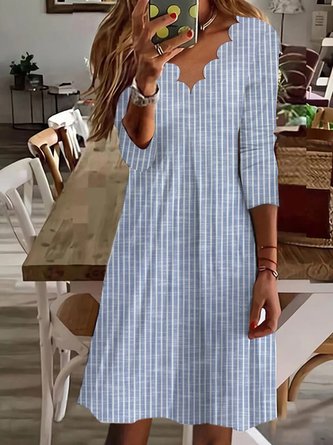 Damen Gestreiftes Midikleid mit Rüschen-Ausschnitt Langärmel Lässig&Bequem Noracora